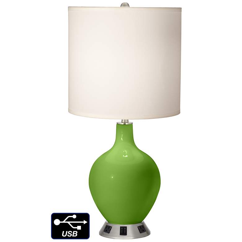 Image 1 White Drum 2-Light Lamp - 2 Outlets and USB in Rosemary Green