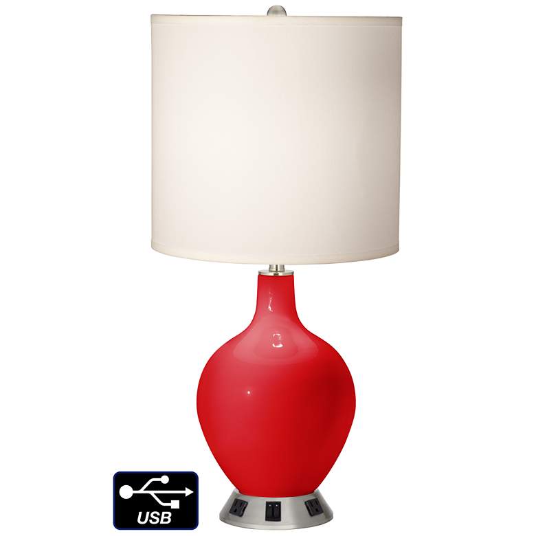 Image 1 White Drum 2-Light Table Lamp - 2 Outlets and USB in Bright Red
