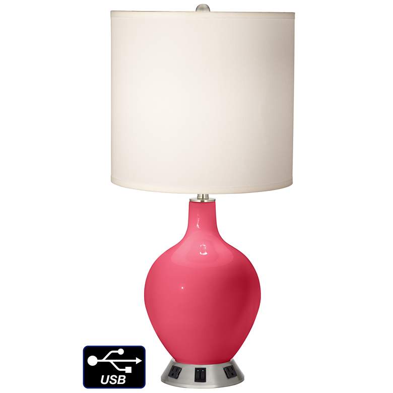 Image 1 White Drum 2-Light Table Lamp - 2 Outlets and USB in Eros Pink