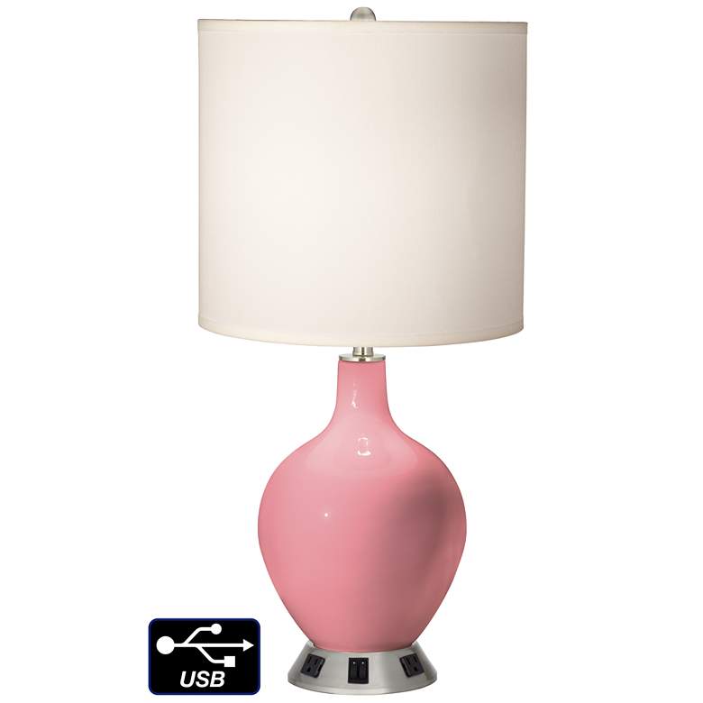 Image 1 White Drum 2-Light Table Lamp - 2 Outlets and USB in Haute Pink