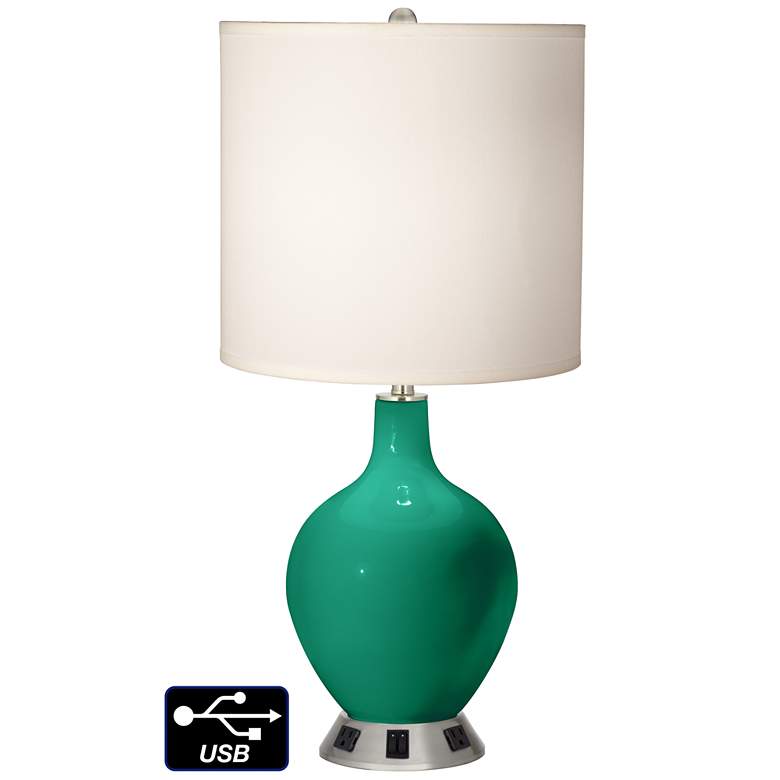 Image 1 White Drum 2-Light Table Lamp - 2 Outlets and USB in Leaf