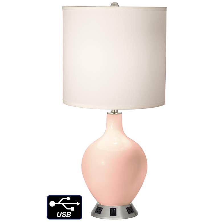 Image 1 White Drum 2-Light Table Lamp - 2 Outlets and USB in Linen