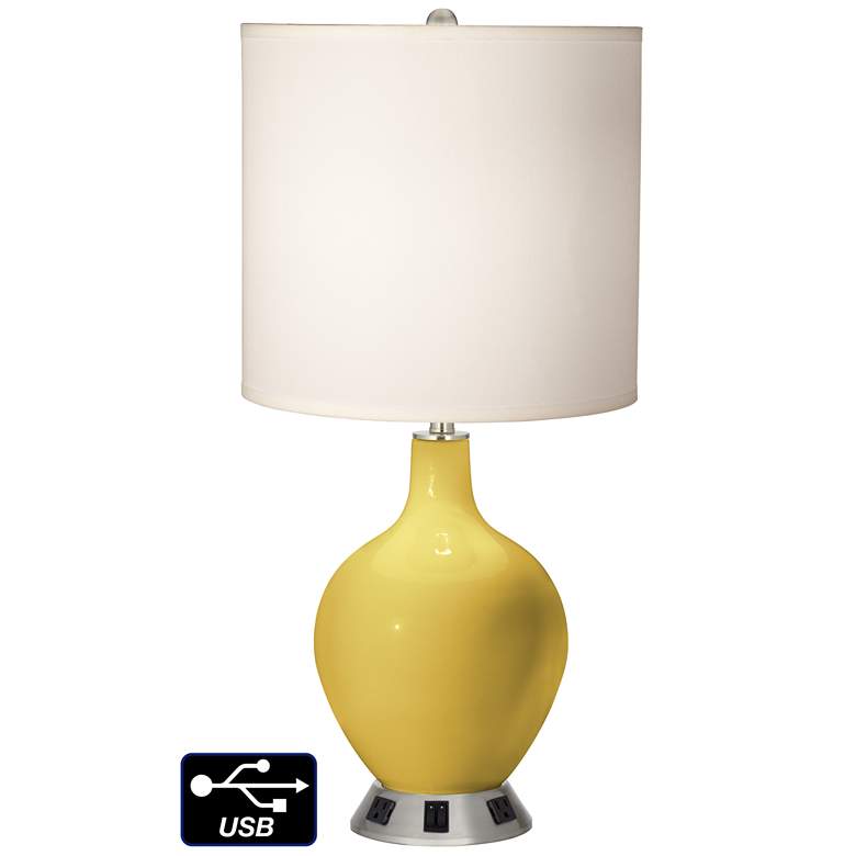Image 1 White Drum 2-Light Table Lamp - 2 Outlets and USB in Nugget