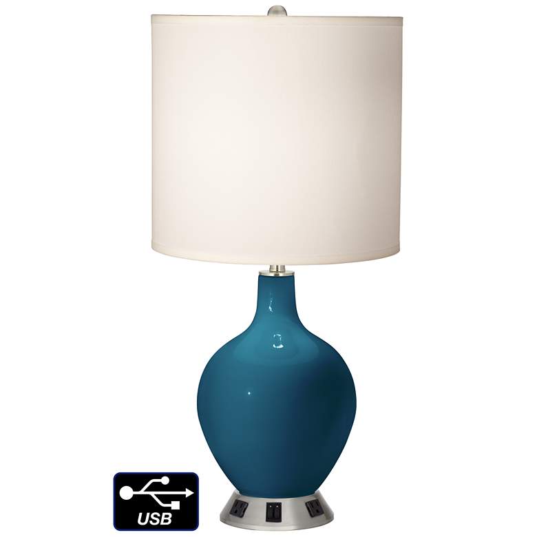 Image 1 White Drum 2-Light Table Lamp - 2 Outlets and USB in Oceanside