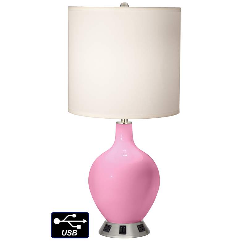 Image 1 White Drum 2-Light Table Lamp - 2 Outlets and USB in Pale Pink