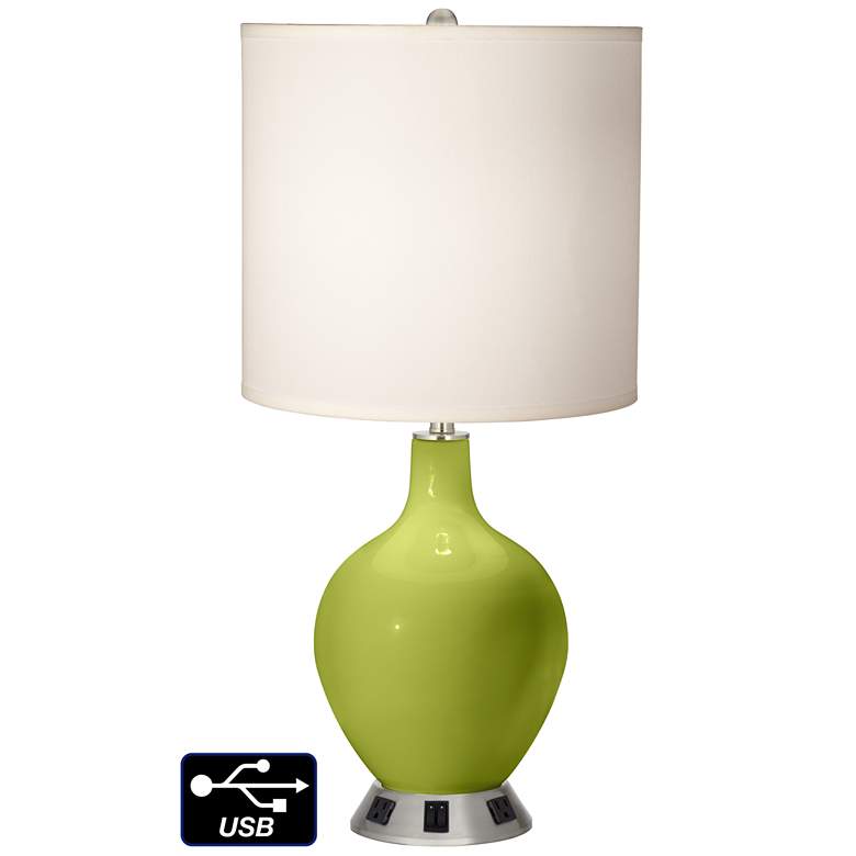 Image 1 White Drum 2-Light Table Lamp - 2 Outlets and USB in Parakeet