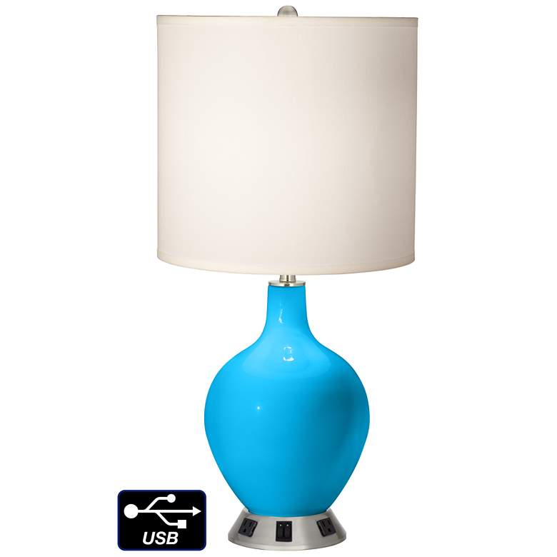 Image 1 White Drum 2-Light Table Lamp - 2 Outlets and USB in Sky Blue
