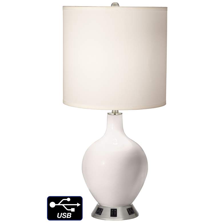 Image 1 White Drum 2-Light Table Lamp - 2 Outlets and USB in Smart White