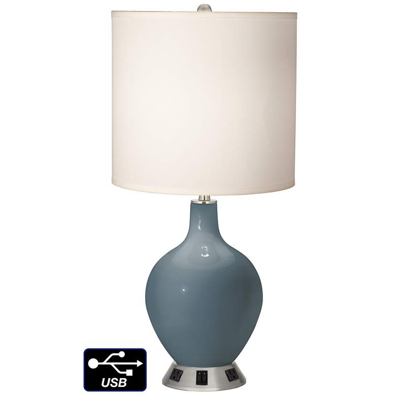 Image 1 White Drum 2-Light Table Lamp - 2 Outlets and USB in Smoky Blue