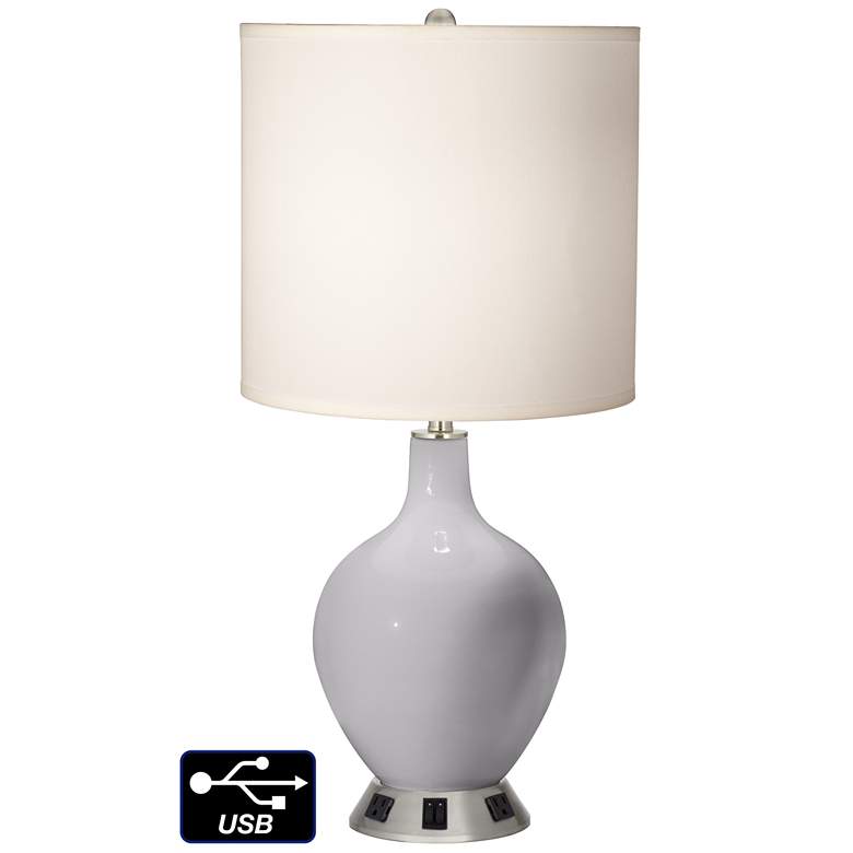 Image 1 White Drum 2-Light Table Lamp - 2 Outlets and USB in Swanky Gray
