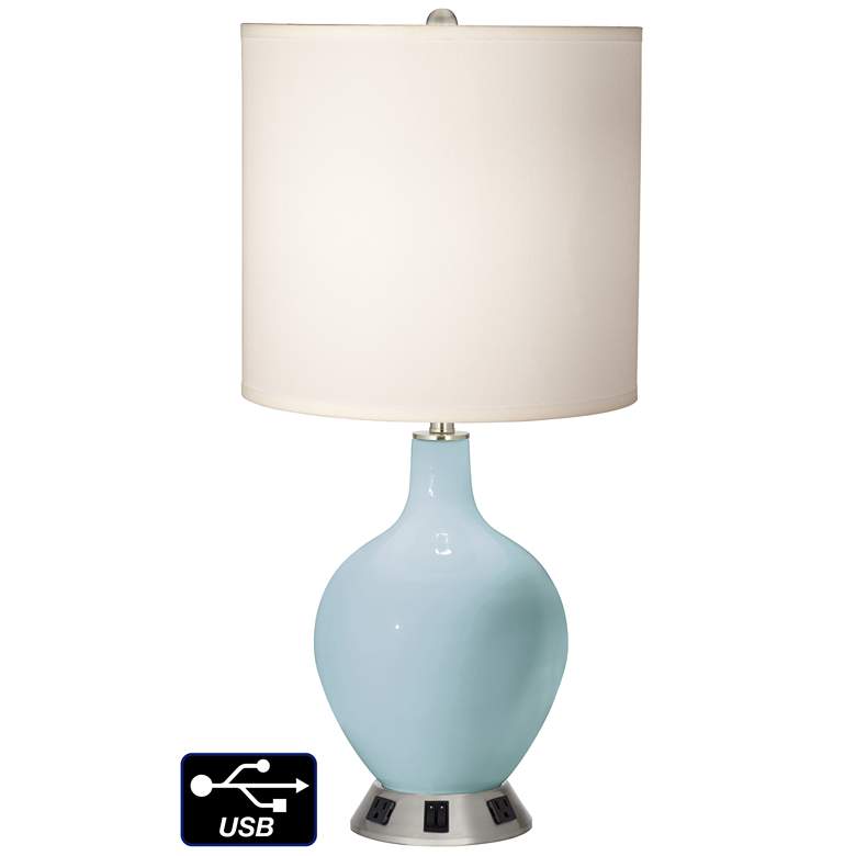 Image 1 White Drum 2-Light Table Lamp - 2 Outlets and USB in Vast Sky