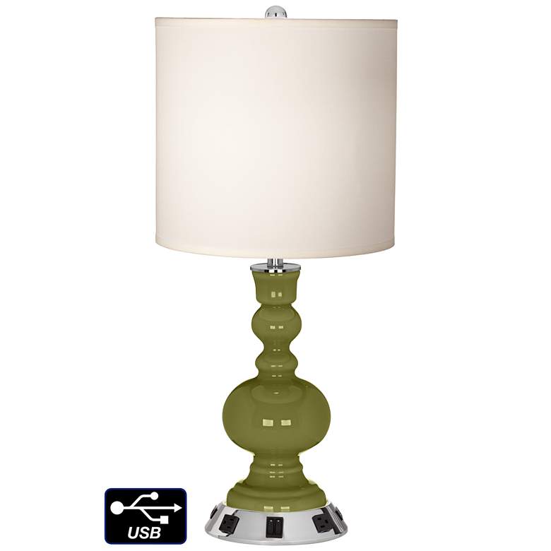 Image 1 White Drum Apothecary Lamp - 2 Outlets and 2 USBs in Rural Green
