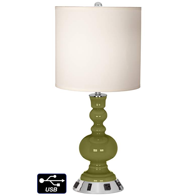 Image 1 White Drum Apothecary Lamp - 2 Outlets and USB in Rural Green