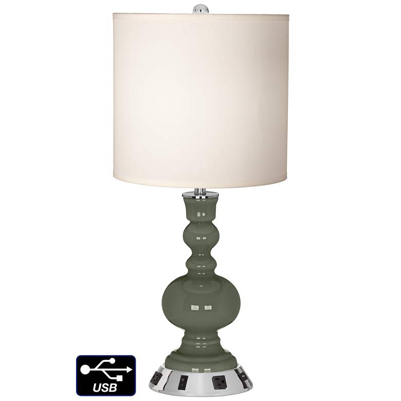 Image 1 White Drum Apothecary Lamp Outlets and USB in Deep Lichen Green