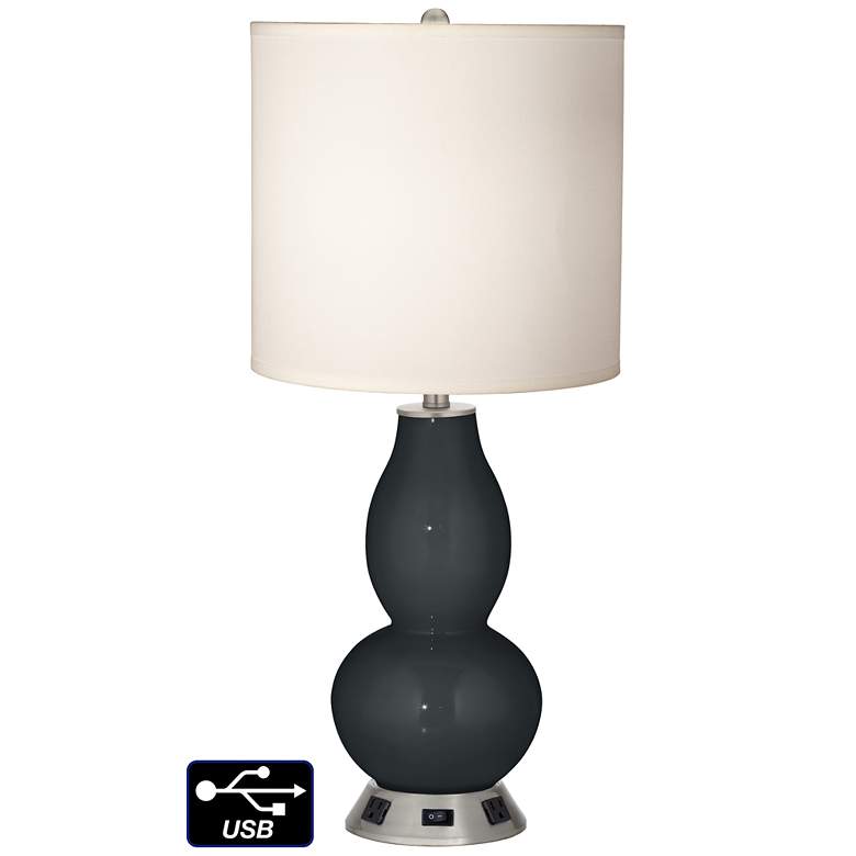Image 1 White Drum Gourd Lamp - 2 Outlets and USB in Black of Night