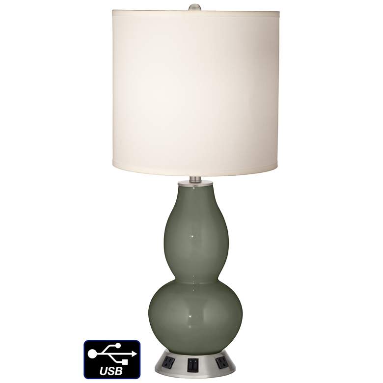 Image 1 White Drum Gourd Lamp - Outlets and USBs in Deep Lichen Green