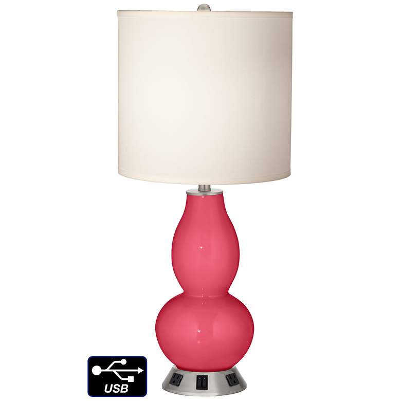 Image 1 White Drum Gourd Table Lamp - 2 Outlets and 2 USBs in Eros Pink