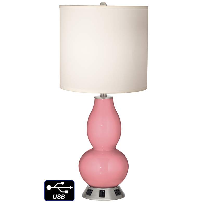 Image 1 White Drum Gourd Table Lamp - 2 Outlets and 2 USBs in Haute Pink