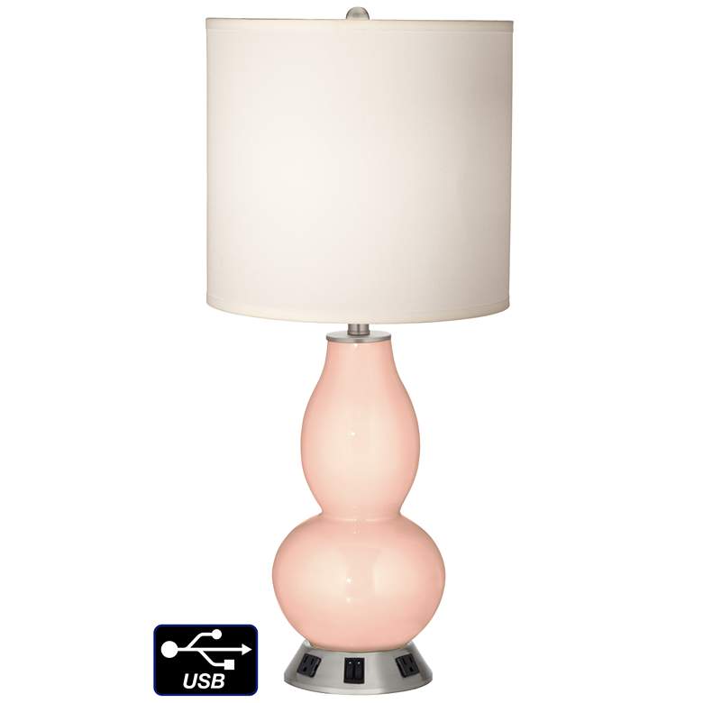 Image 1 White Drum Gourd Table Lamp - 2 Outlets and 2 USBs in Linen
