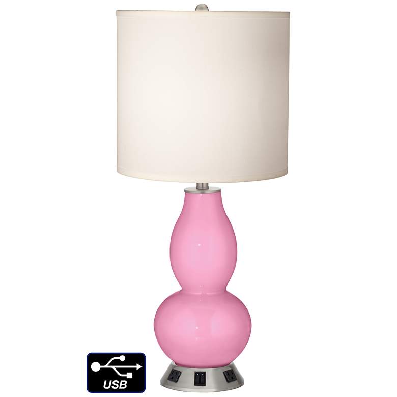 Image 1 White Drum Gourd Table Lamp - 2 Outlets and 2 USBs in Pale Pink