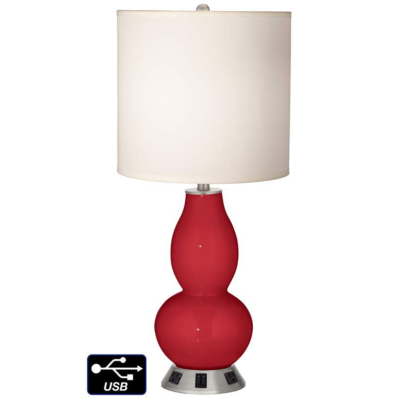 Image 1 White Drum Gourd Table Lamp - 2 Outlets and 2 USBs in Ribbon Red