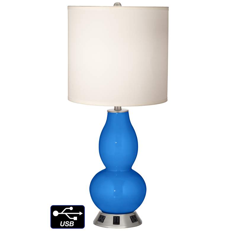 Image 1 White Drum Gourd Table Lamp - 2 Outlets and 2 USBs in Royal Blue