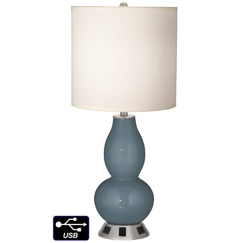 Image 1 White Drum Gourd Table Lamp - 2 Outlets and 2 USBs in Smoky Blue