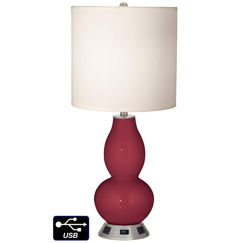 Image 1 White Drum Gourd Table Lamp - 2 Outlets and USB in Antique Red