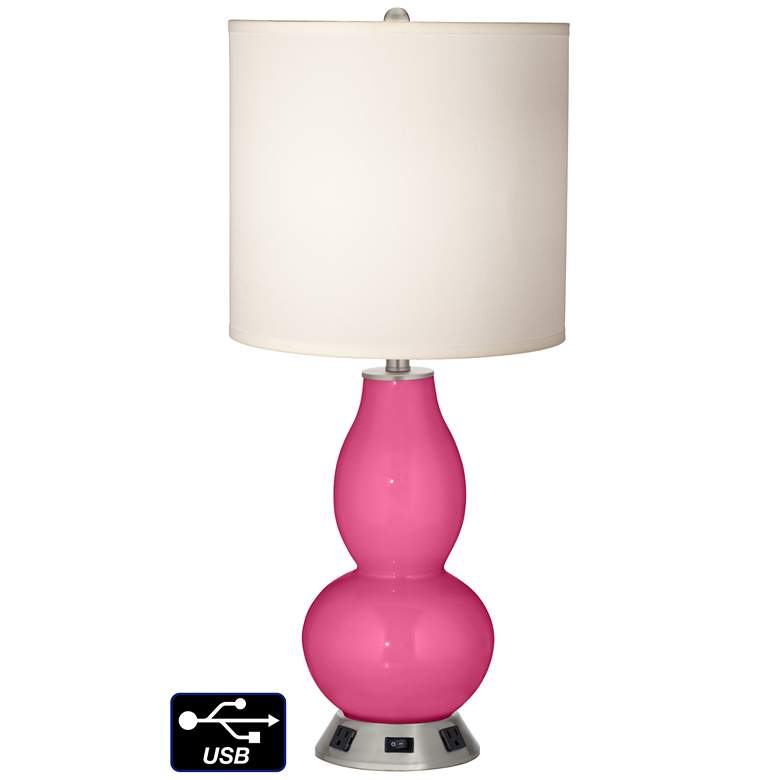 Image 1 White Drum Gourd Table Lamp - 2 Outlets and USB in Blossom Pink