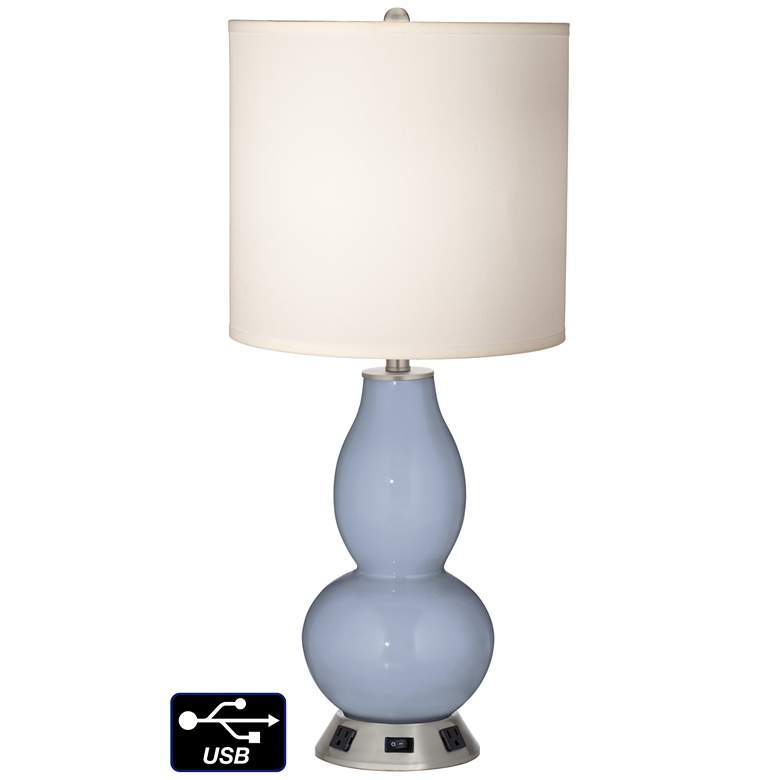 Image 1 White Drum Gourd Table Lamp - 2 Outlets and USB in Blue Sky
