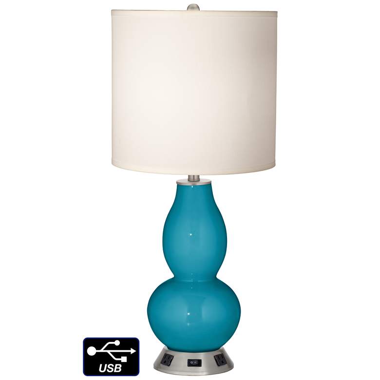 Image 1 White Drum Gourd Table Lamp - 2 Outlets and USB in Caribbean Sea