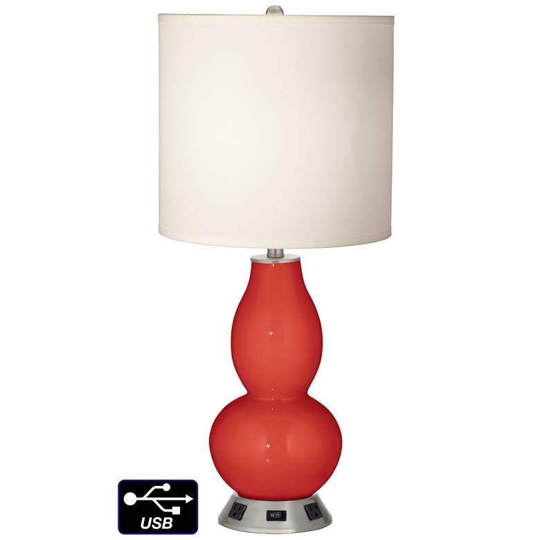 Image 1 White Drum Gourd Table Lamp - 2 Outlets and USB in Cherry Tomato