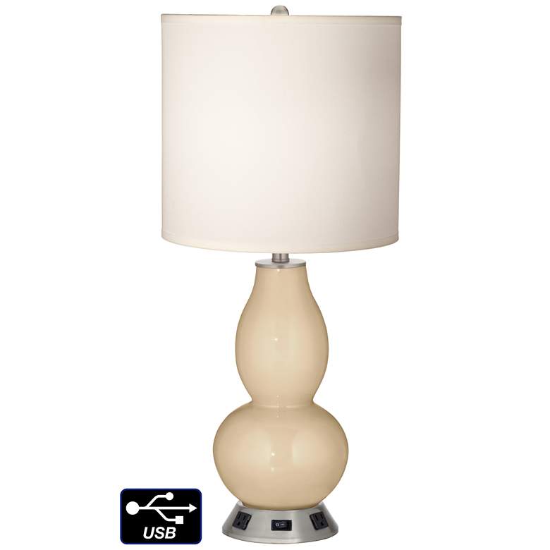 Image 1 White Drum Gourd Table Lamp - 2 Outlets and USB in Colonial Tan