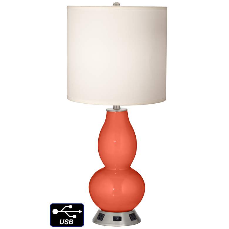 Image 1 White Drum Gourd Table Lamp - 2 Outlets and USB in Daring Orange