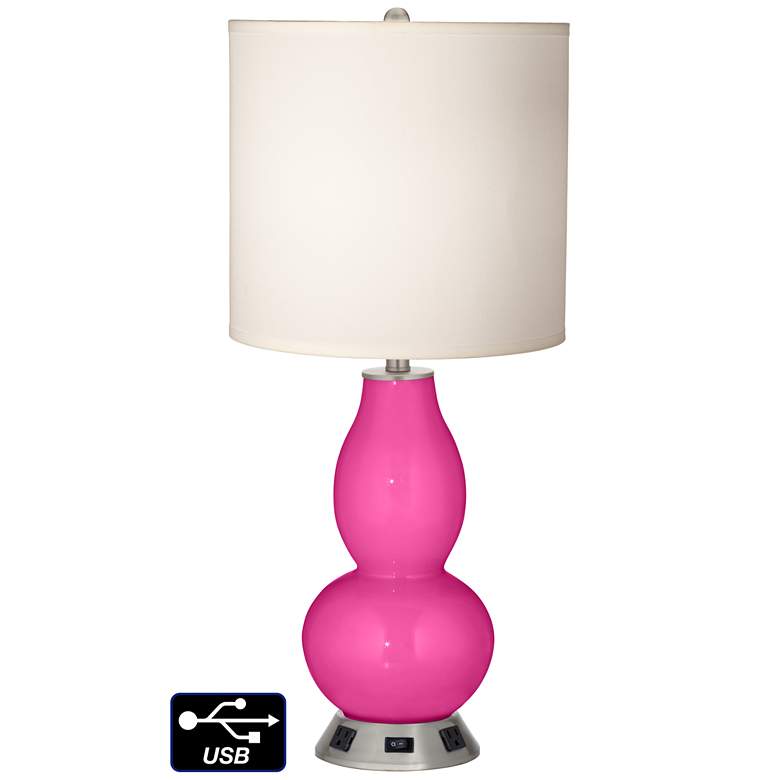Image 1 White Drum Gourd Table Lamp - 2 Outlets and USB in Fuchsia