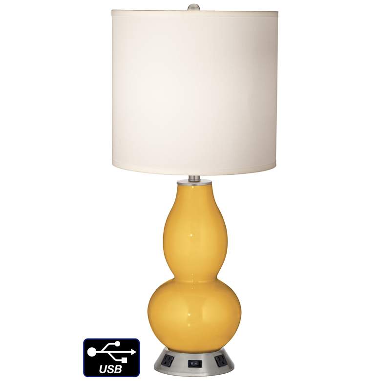 Image 1 White Drum Gourd Table Lamp - 2 Outlets and USB in Goldenrod