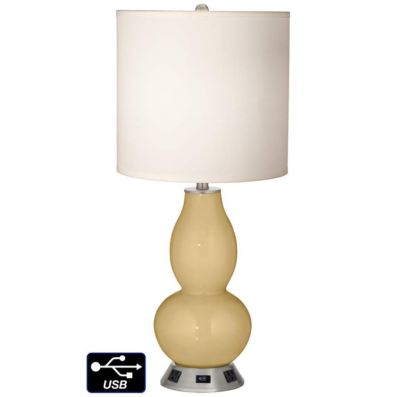 Image 1 White Drum Gourd Table Lamp - 2 Outlets and USB in Humble Gold