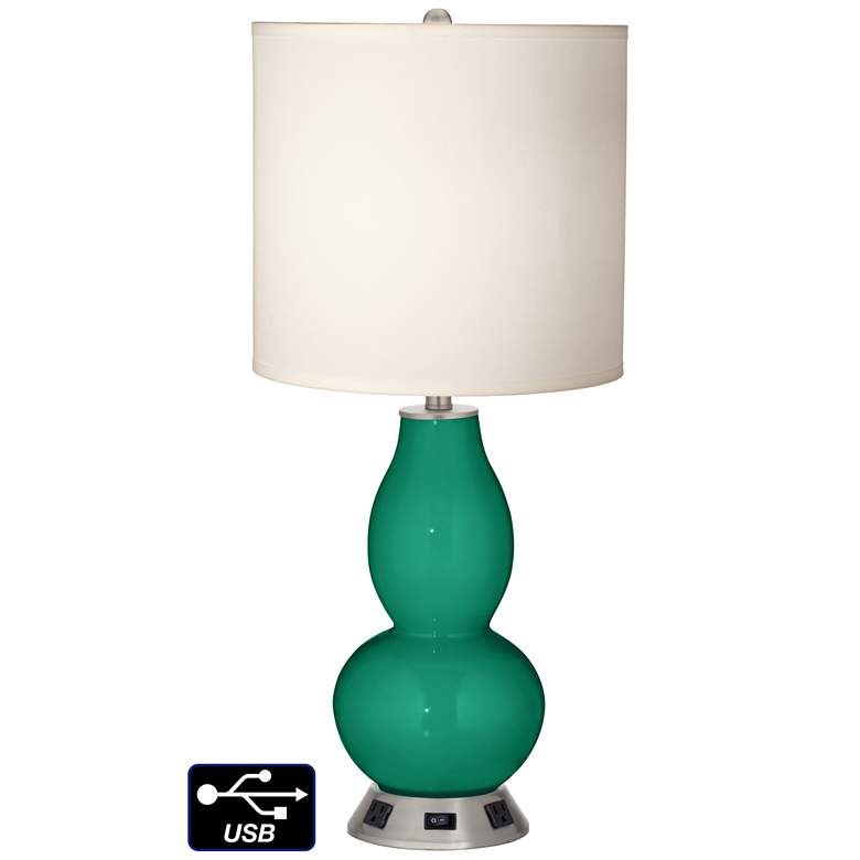Image 1 White Drum Gourd Table Lamp - 2 Outlets and USB in Leaf