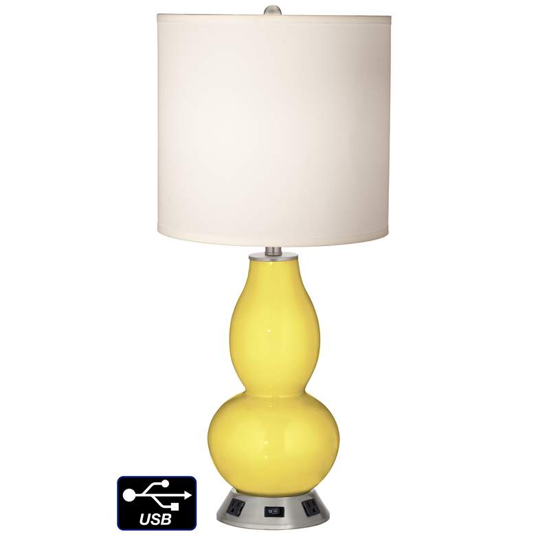 Image 1 White Drum Gourd Table Lamp - 2 Outlets and USB in Lemon Twist