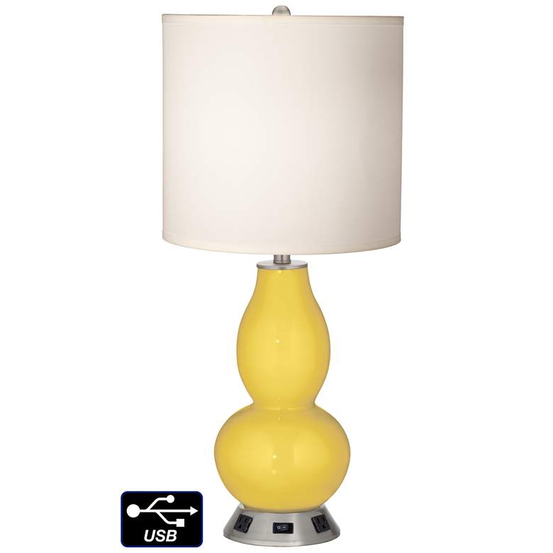 Image 1 White Drum Gourd Table Lamp - 2 Outlets and USB in Lemon Zest