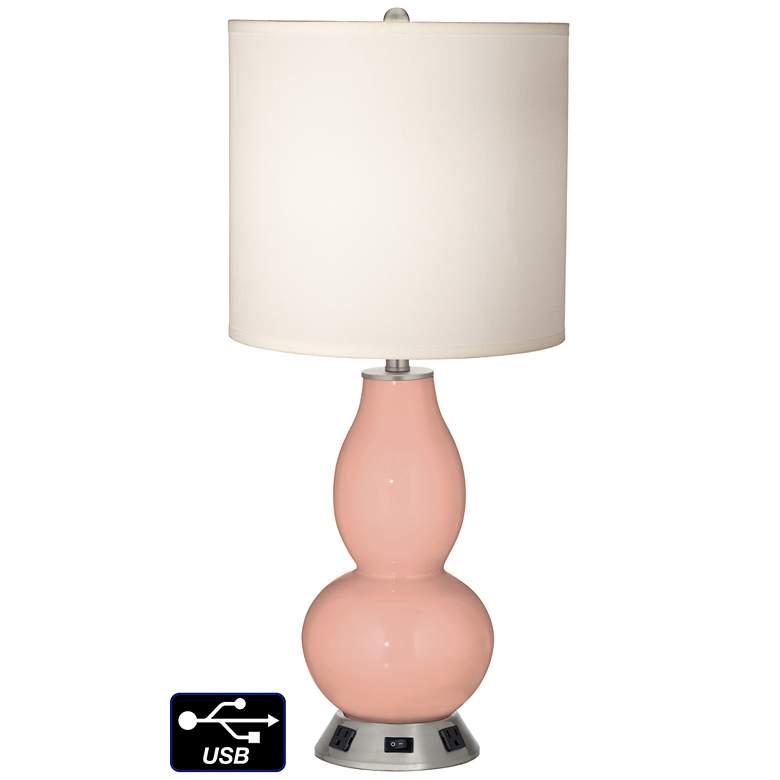 Image 1 White Drum Gourd Table Lamp - 2 Outlets and USB in Mellow Coral