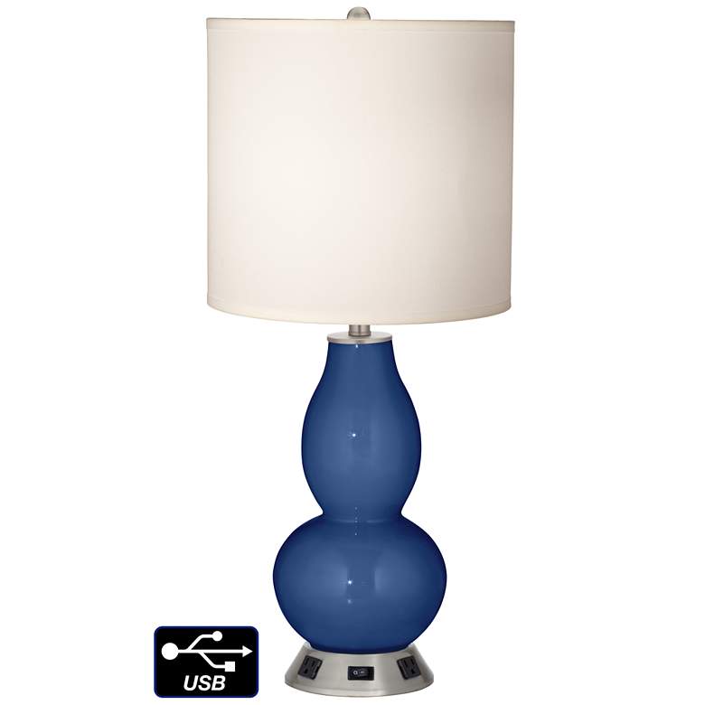 Image 1 White Drum Gourd Table Lamp - 2 Outlets and USB in Monaco Blue