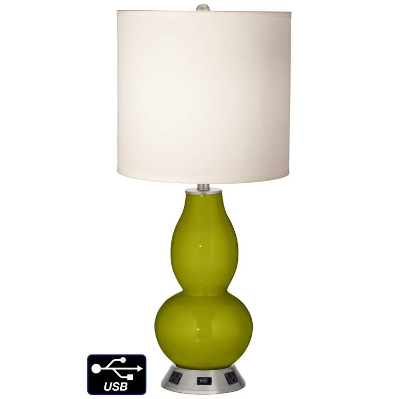 Image 1 White Drum Gourd Table Lamp - 2 Outlets and USB in Olive Green