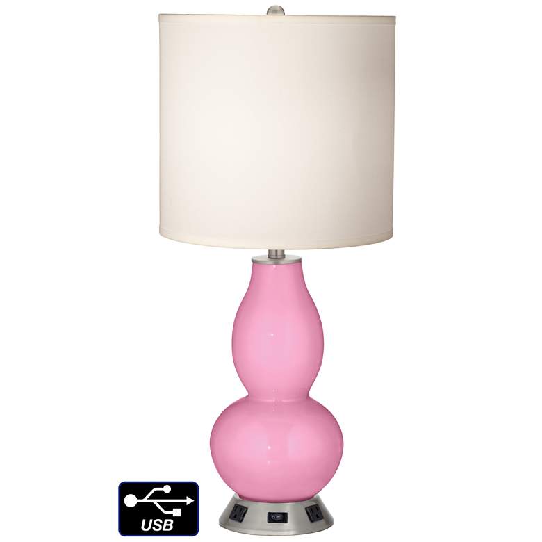 Image 1 White Drum Gourd Table Lamp - 2 Outlets and USB in Pale Pink
