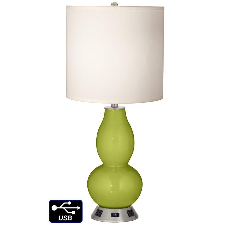 Image 1 White Drum Gourd Table Lamp - 2 Outlets and USB in Parakeet