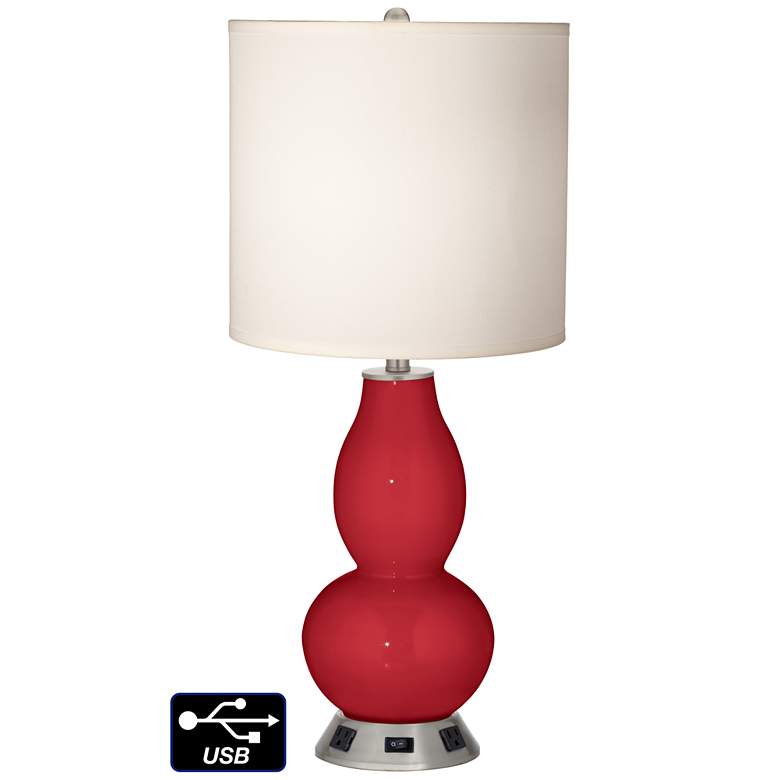 Image 1 White Drum Gourd Table Lamp - 2 Outlets and USB in Ribbon Red