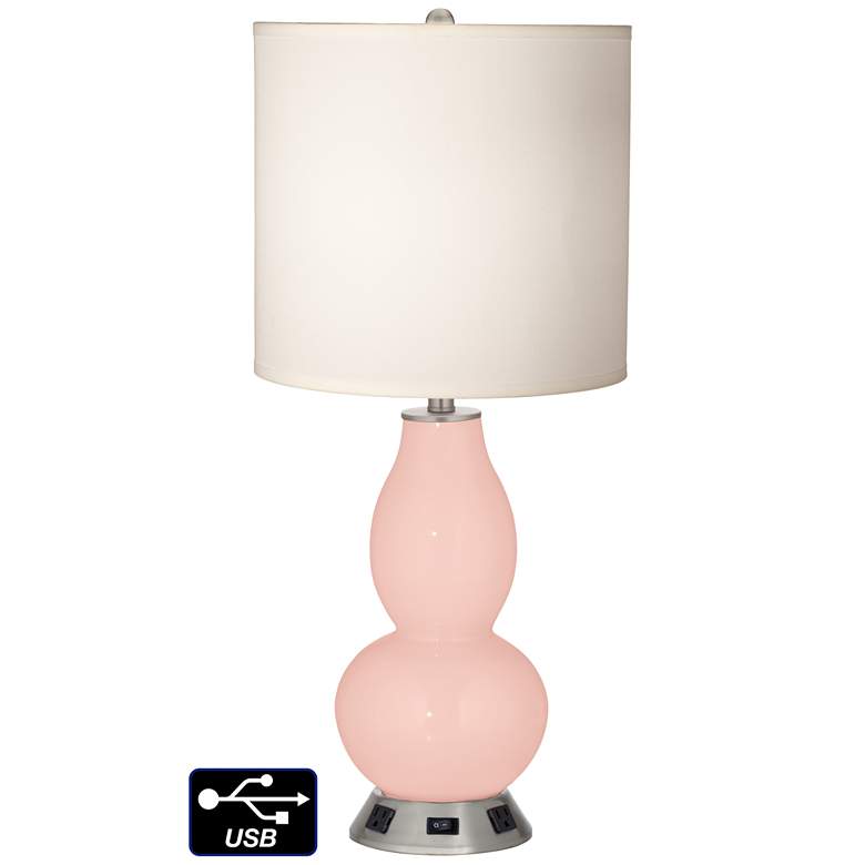 Image 1 White Drum Gourd Table Lamp - 2 Outlets and USB in Rose Pink