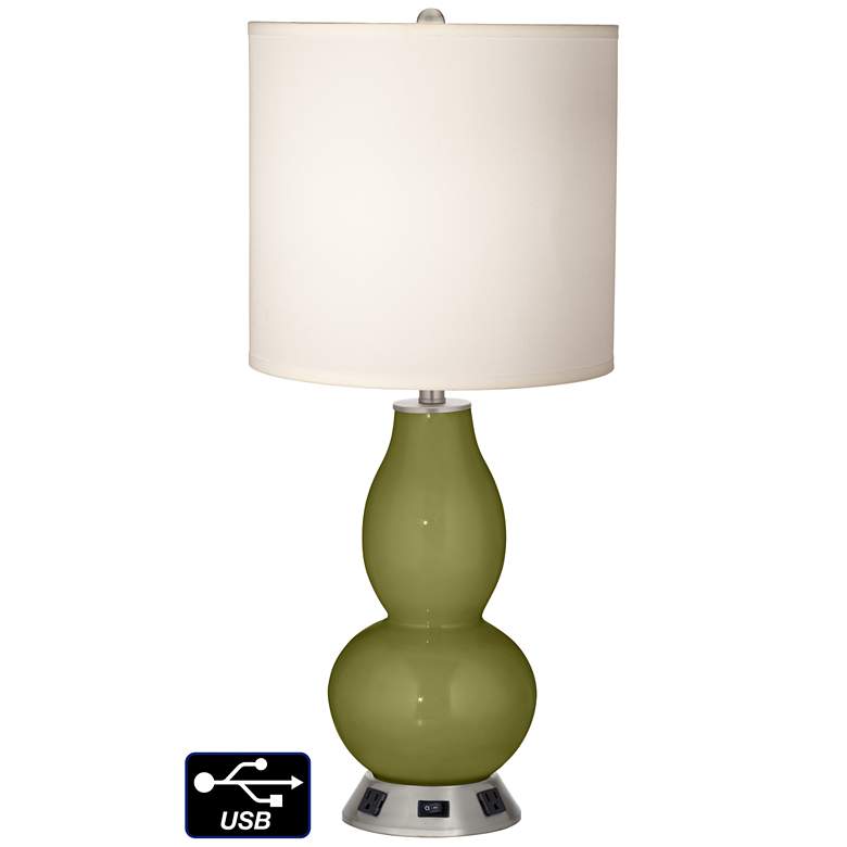 Image 1 White Drum Gourd Table Lamp - 2 Outlets and USB in Rural Green