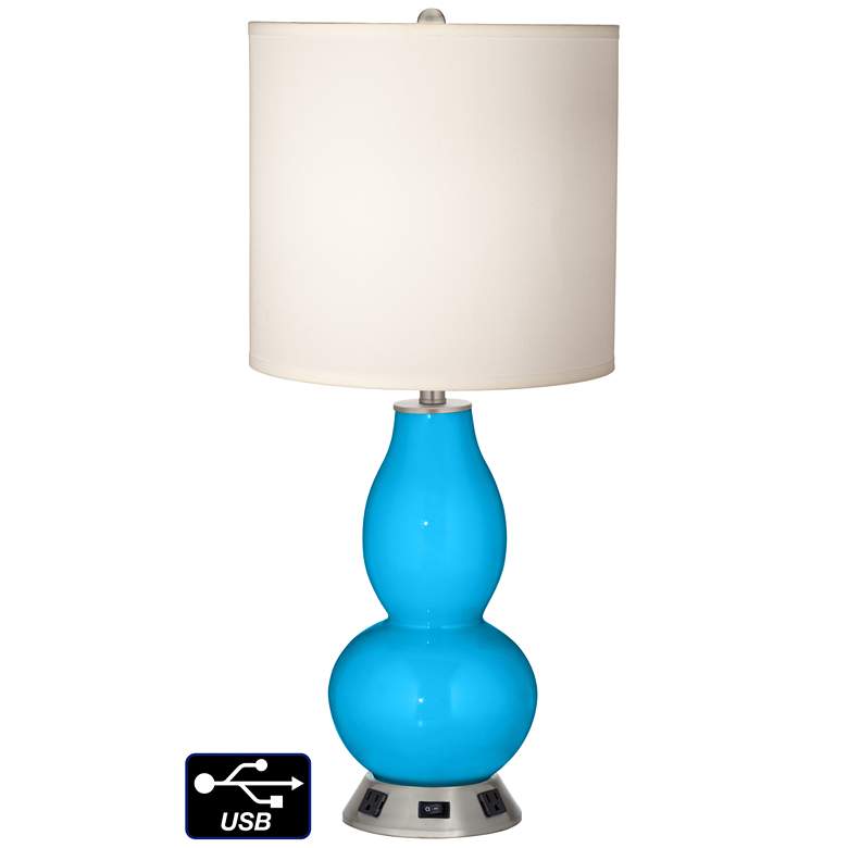 Image 1 White Drum Gourd Table Lamp - 2 Outlets and USB in Sky Blue