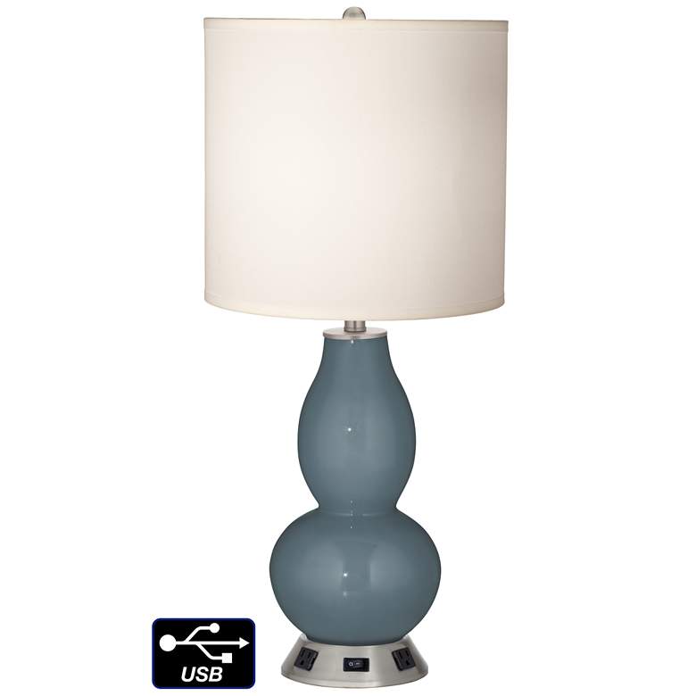 Image 1 White Drum Gourd Table Lamp - 2 Outlets and USB in Smoky Blue